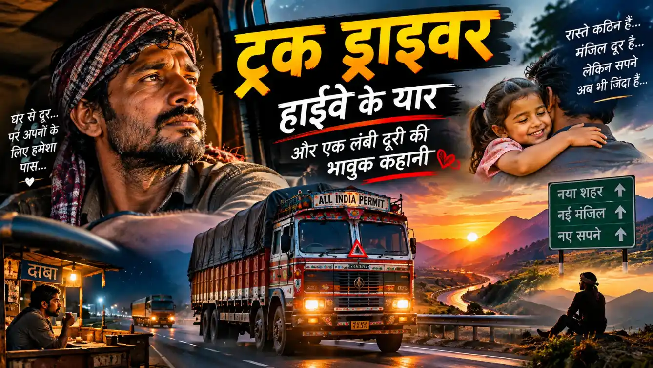 लंबे हाईवे पर ट्रक चलाता हुआ भावुक ट्रक ड्राइवर